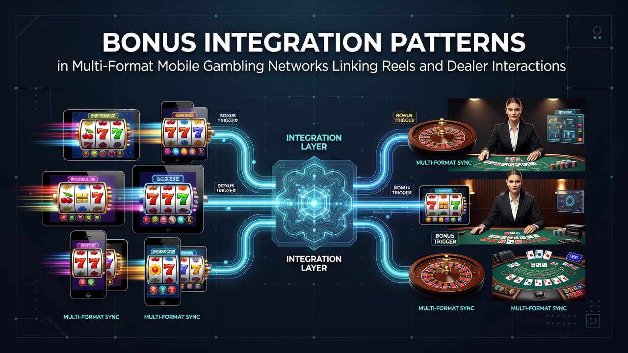 Illustration mobiler Bonusintegration zwischen Slot-Reels und Live-Dealer-Sitzungen