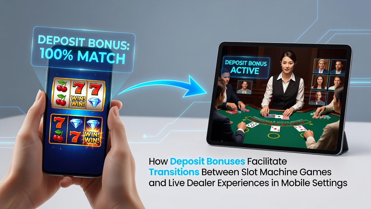 Mobile Casino-Schnittstelle zeigt nahtlosen Wechsel von Slots zu Live-Dealer-Tischen mit Bonusanzeige