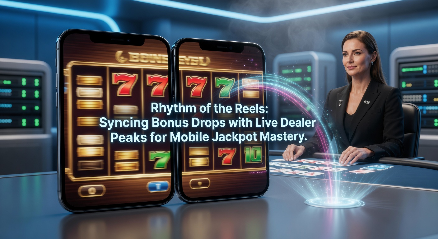 Dynamische Grafik mit rotierenden Reels, fallenden Bonus-Drops und Live-Dealer-Tischen auf einem Smartphone-Bildschirm, die perfekte Synchronisation symbolisieren