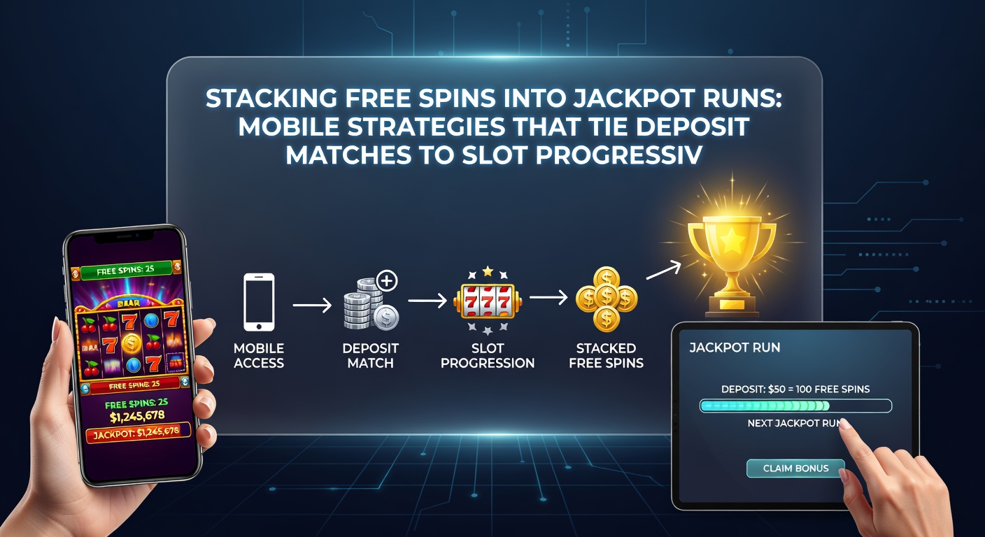 Grafik zeigt gestapelte Free Spins auf progressivem Slot-Jackpot mit Deposit-Match-Indikatoren und mobiler App-Oberfläche