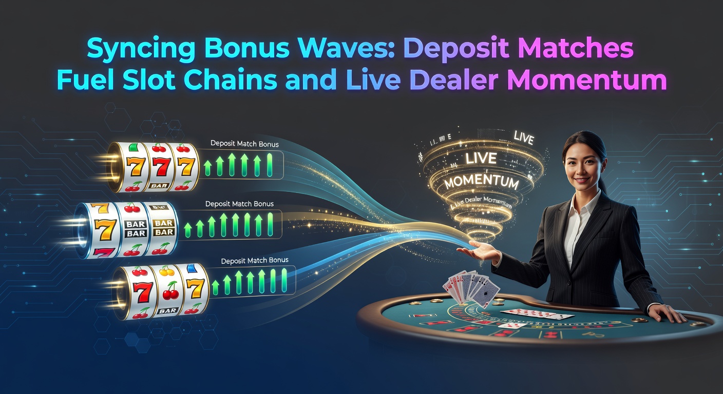 Grafik zeigt wellenförmige Bonusströme, die Slots und Live-Dealer-Tische verbinden, mit Einzahlungs-Matches als Treiber