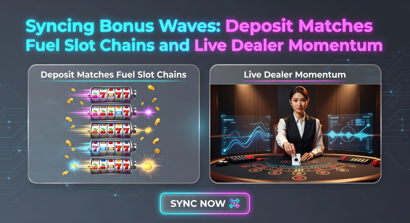 Dynamische Darstellung einer Slot-Kette mit Bonuswellen, die von Einzahlungs-Matches gespeist werden und zu Live-Dealer-Übergängen führen