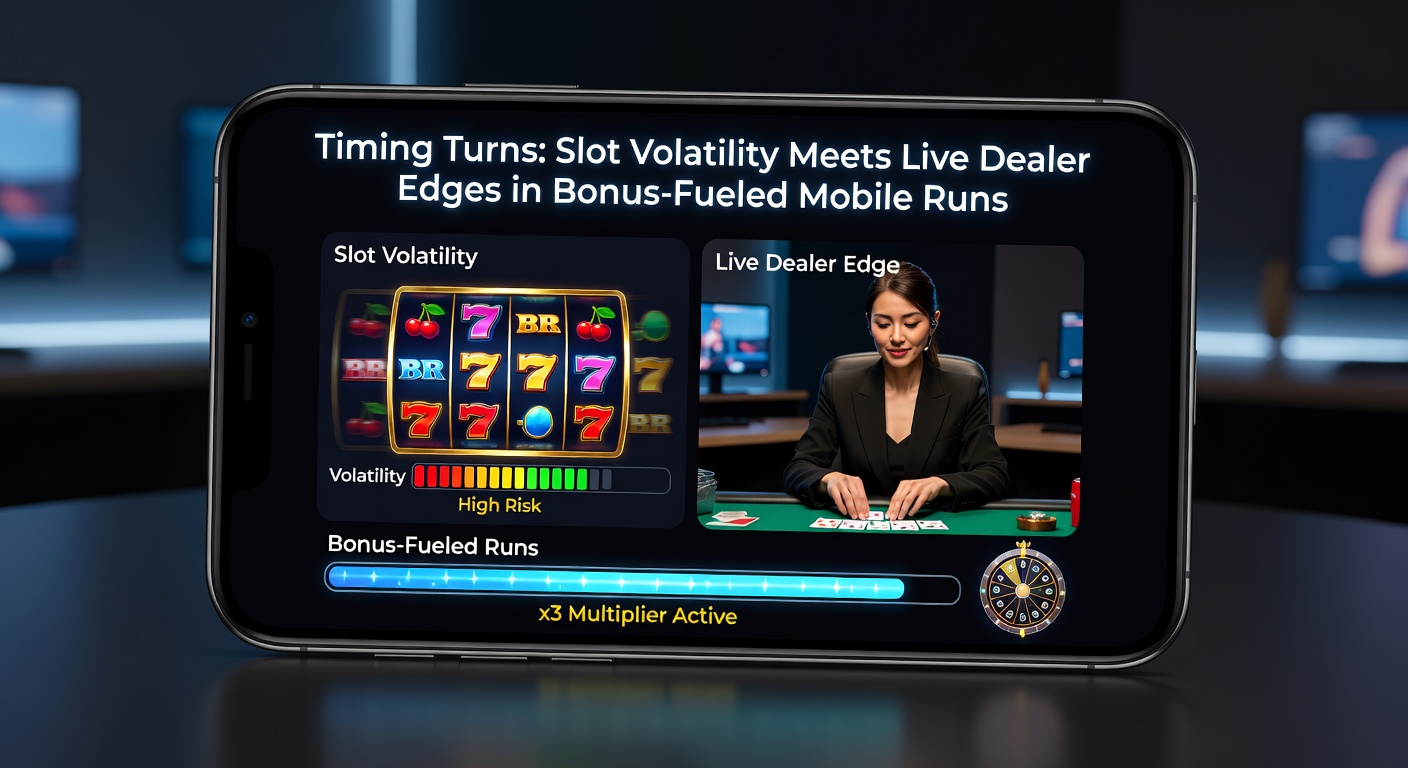 Dynamische Darstellung von Slot-Rädern, die mit Live-Dealer-Tischen und mobilen Bonus-Anzeigen verschmelzen, um Timing-Strategien in Online-Casinos zu illustrieren